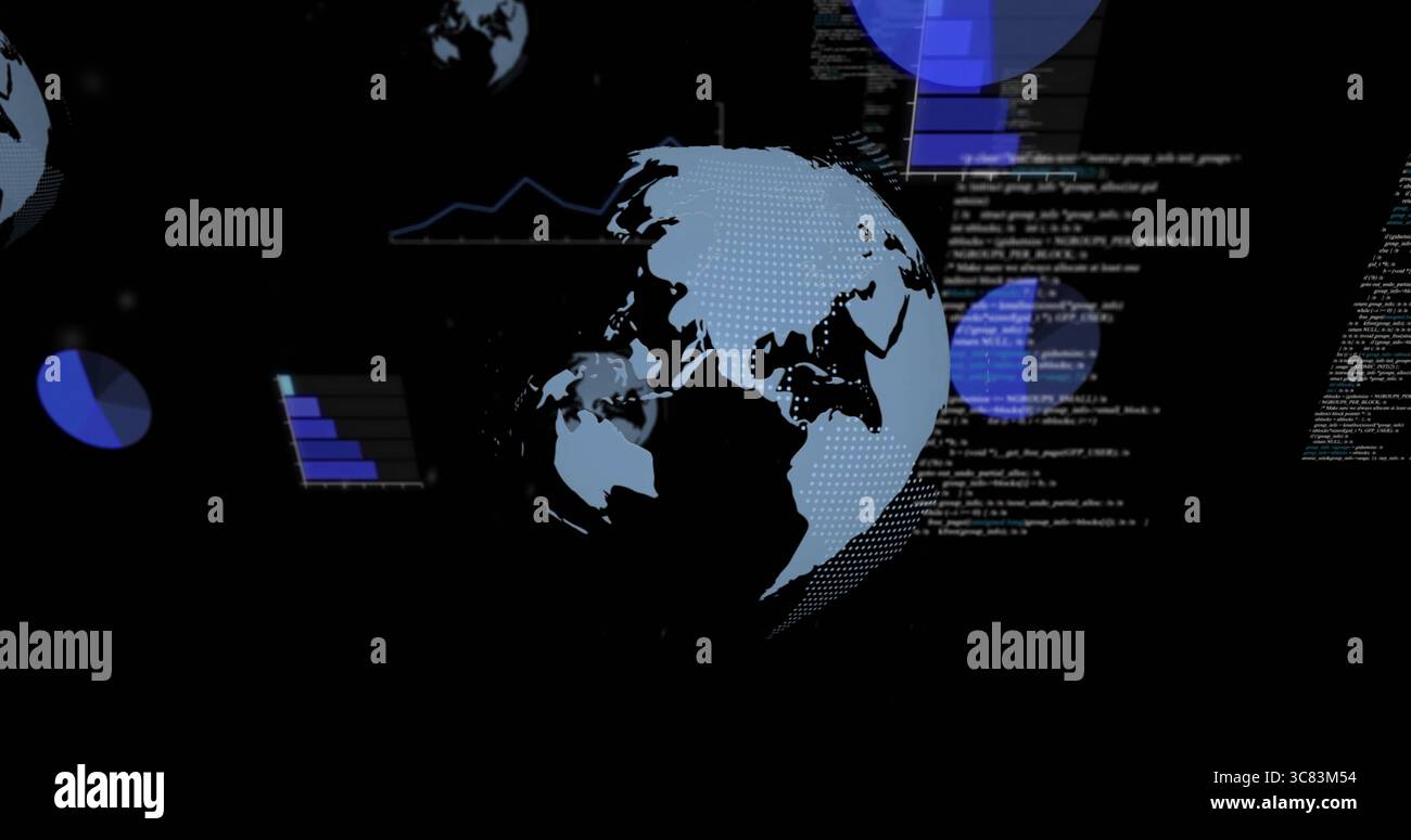 Stylized 3D globe rotating in virtual interface, with code snippet overlays, charts and globe icons Stock Photo