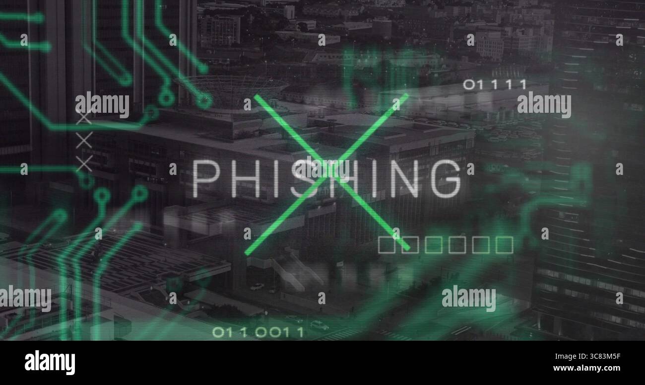 Showing neon lines crossing out bold PHISHING text on urban digital interface, with binary code Stock Photo