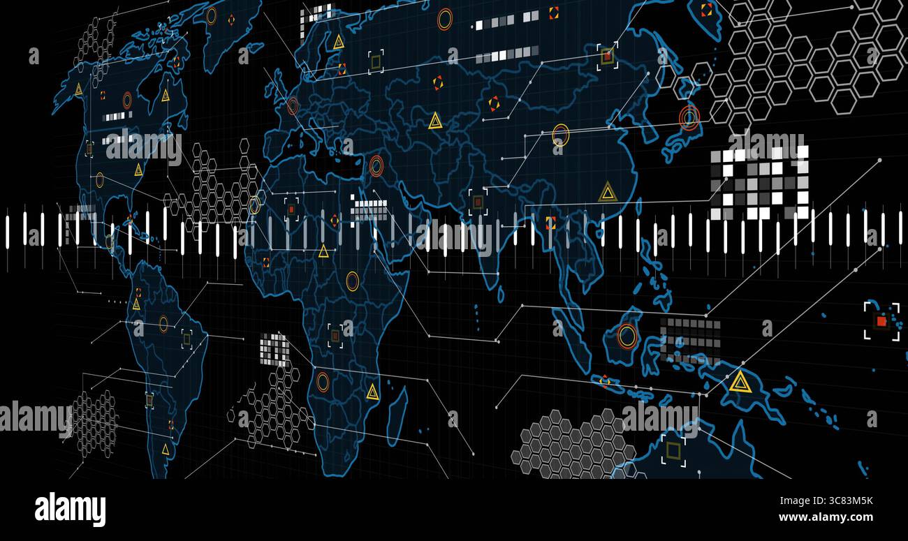 Displaying world map schematic on command interface, with hex overlays, grid, marker bar with ticks Stock Photo
