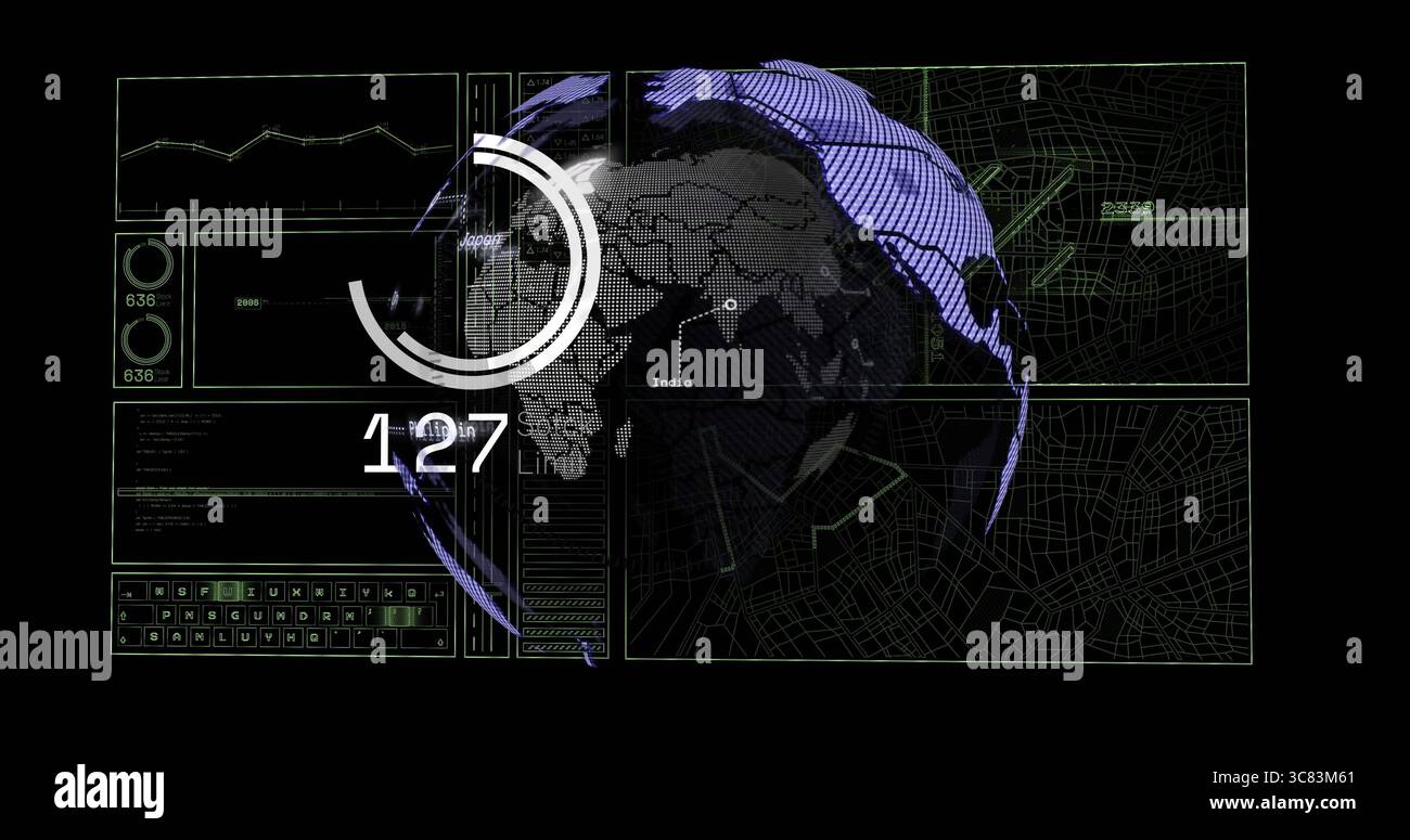Displaying 3D globe rotating in dashboard, with progress circle, numeric readout and data panels Stock Photo