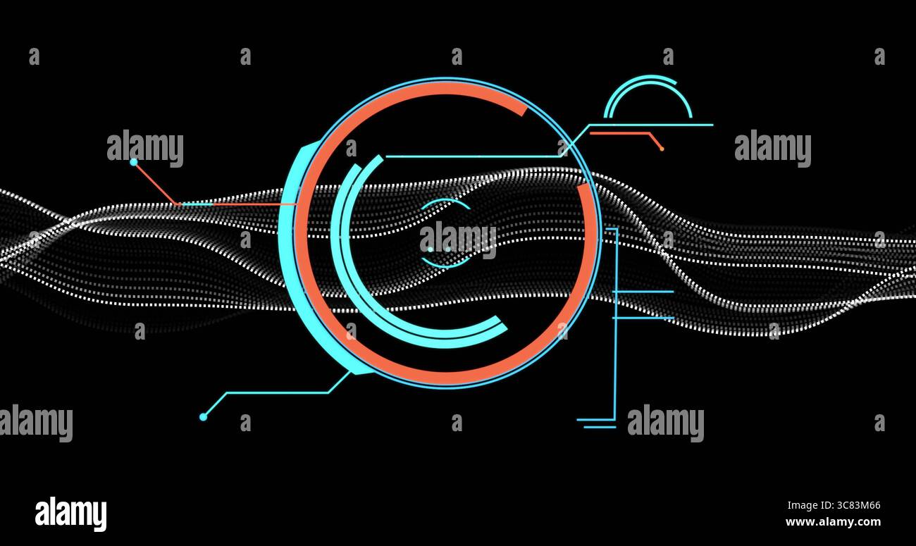 Displaying segmented circular HUD element on digital interface with waves and cyan-orange lines Stock Photo