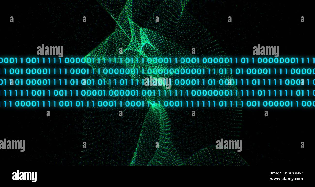 Cyan binary code block streaming across virtual cyberspace, with neon green wave patterns Stock Photo