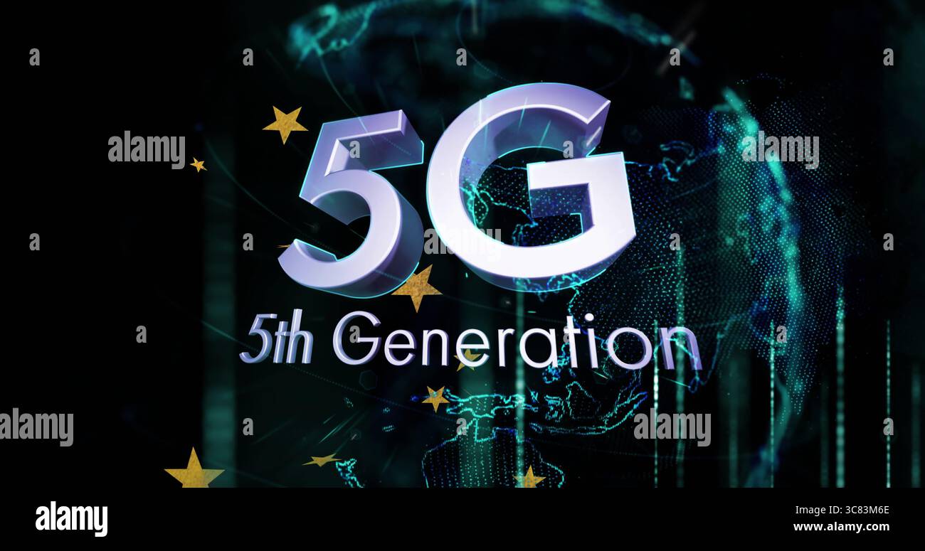 Glowing 3D 5G and 5th Generation hovering in digital network with wireframe globe and data lines Stock Photo