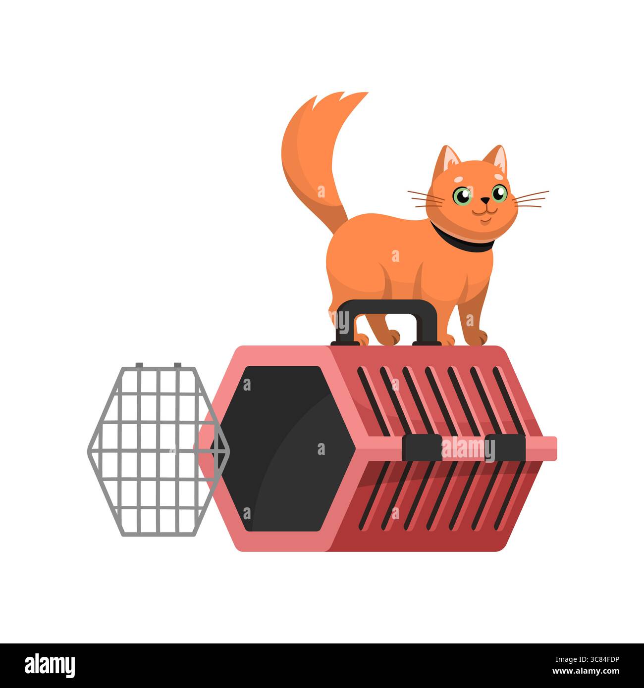 Cute red cat is standing on carrier. Traveling with pets concept. Vector Flat design, cartoon style. Vector illustration. Stock Vector