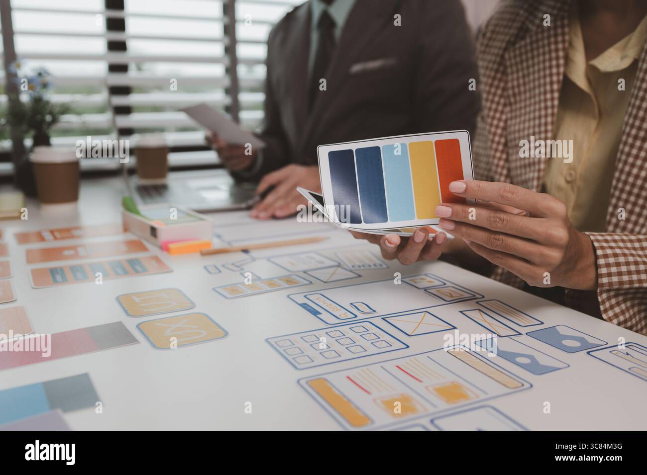 Process of creating an interface for a mobile app, user interface and experience concept, ux, ui, ux developer and ui designer, creative digital devel Stock Photo