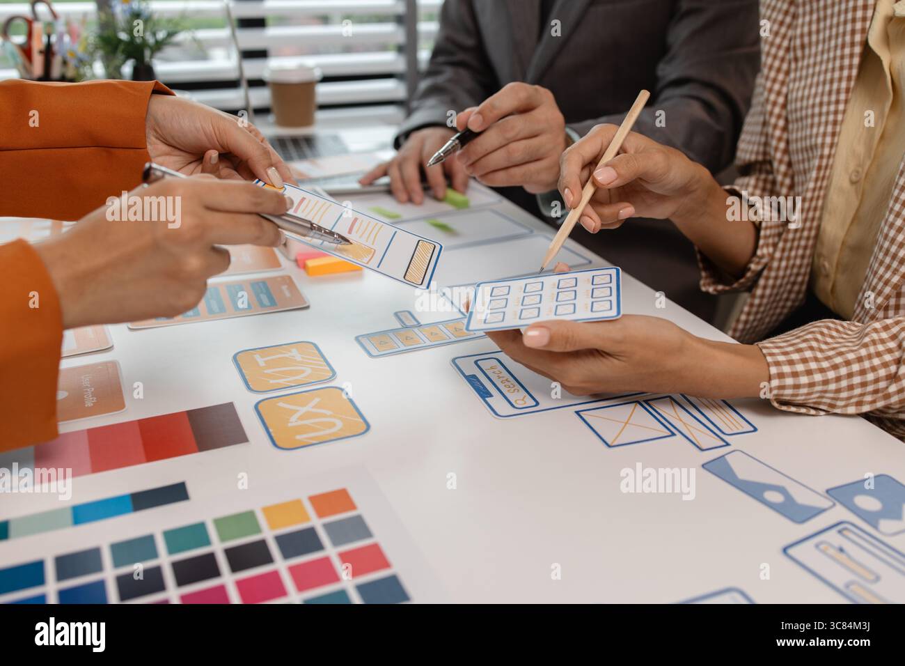 Process of creating an interface for a mobile app, user interface and experience concept, ux, ui, ux developer and ui designer, creative digital devel Stock Photo