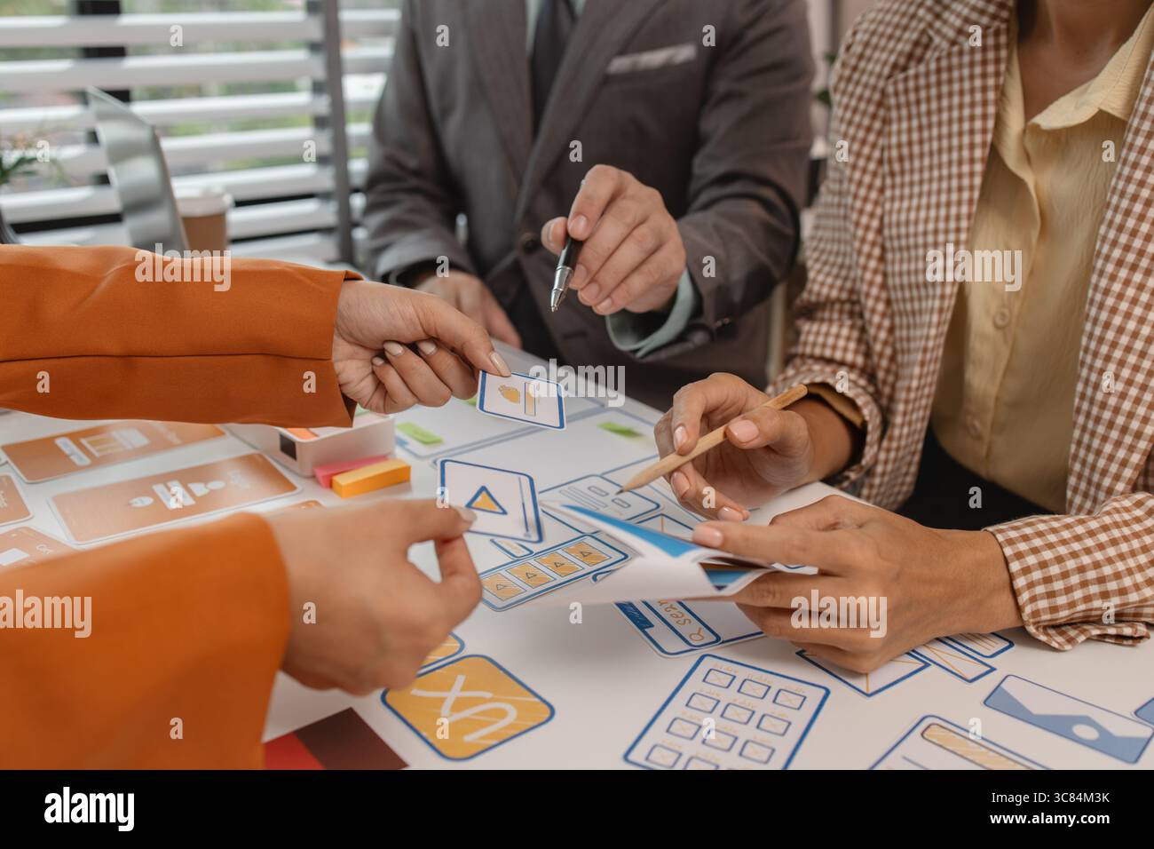 Process of creating an interface for a mobile app, user interface and experience concept, ux, ui, ux developer and ui designer, creative digital devel Stock Photo