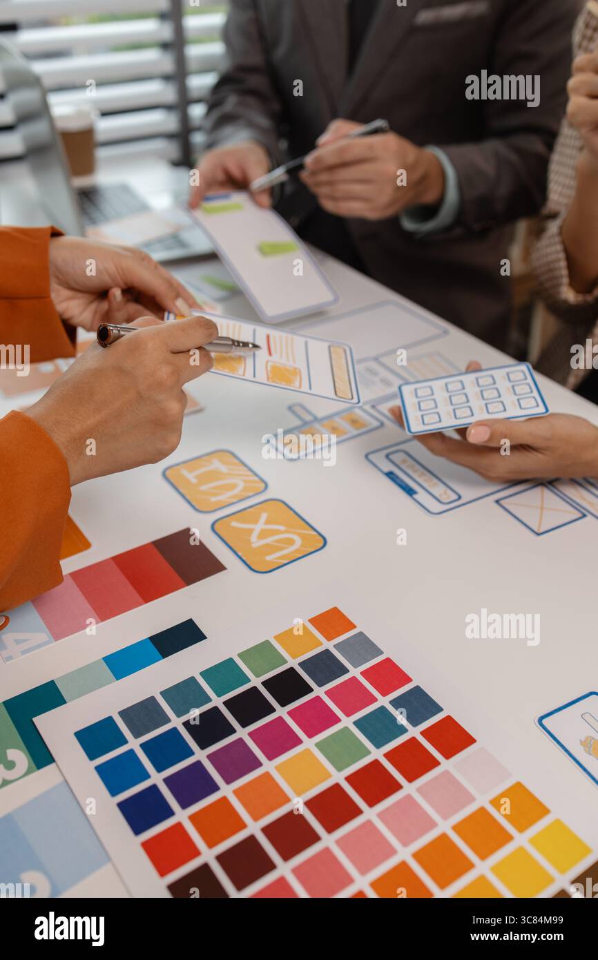 Process of creating an interface for a mobile app, user interface and experience concept, ux, ui, ux developer and ui designer, creative digital devel Stock Photo