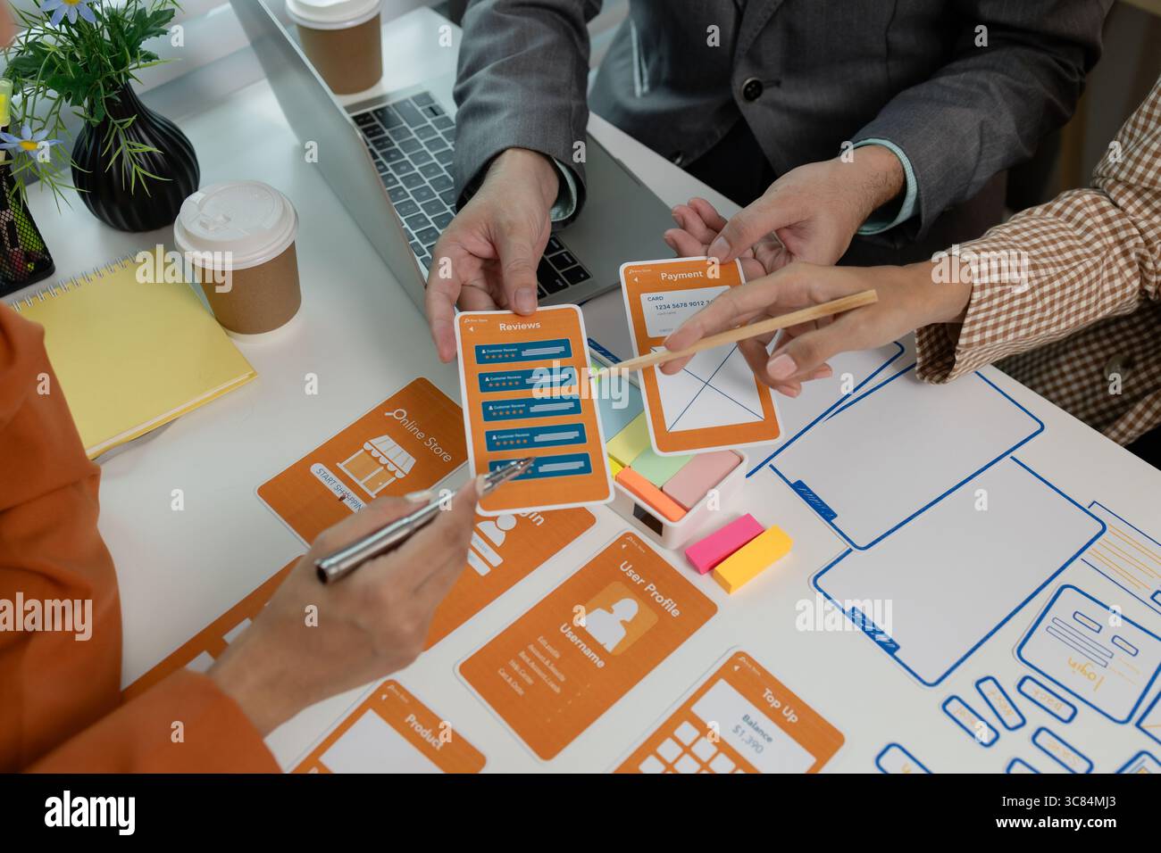 Process of creating an interface for a mobile app, user interface and experience concept, ux, ui, ux developer and ui designer, creative digital devel Stock Photo