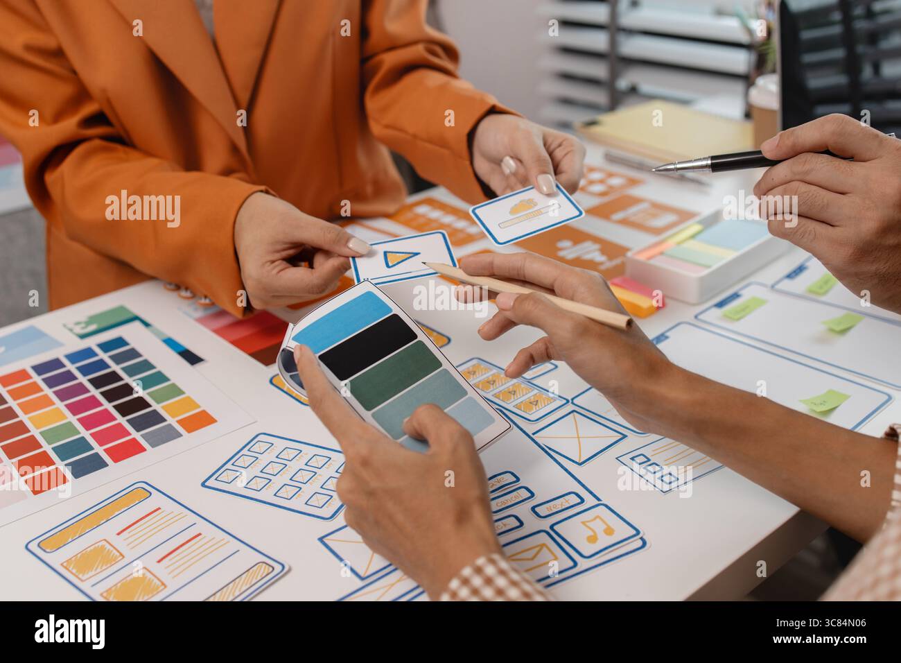 Process of creating an interface for a mobile app, user interface and experience concept, ux, ui, ux developer and ui designer, creative digital devel Stock Photo
