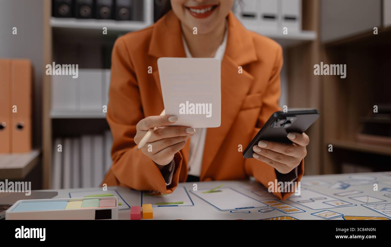 creative planning phone app development template layout, User experience concept, website designer, develop team UX designer working on smartphone app Stock Photo