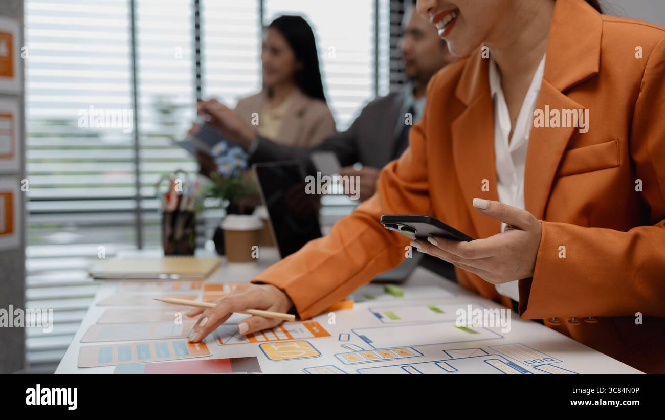 creative planning phone app development template layout, User experience concept, website designer, develop team UX designer working on smartphone app Stock Photo