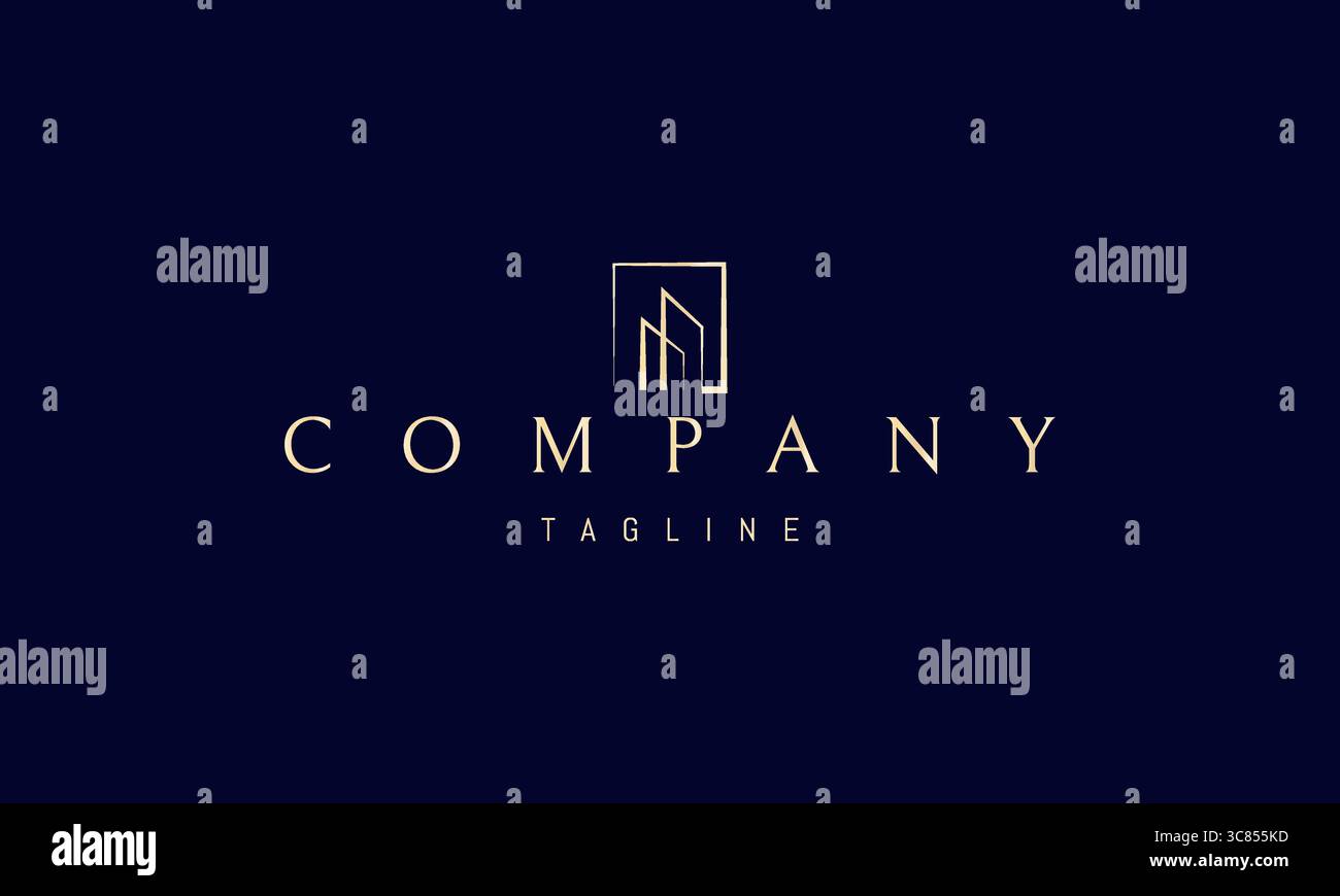 A vector golden logo featuring an abstract image two skyscrapers enclosed within a rectangular frame, symbolizing urban architecture. Stock Vector