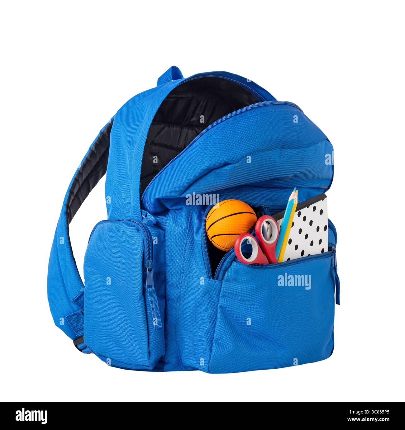 Blue backpack isolated on white, knapsack,schoolbag opened. Single object.School supplies,items. Stock Photo