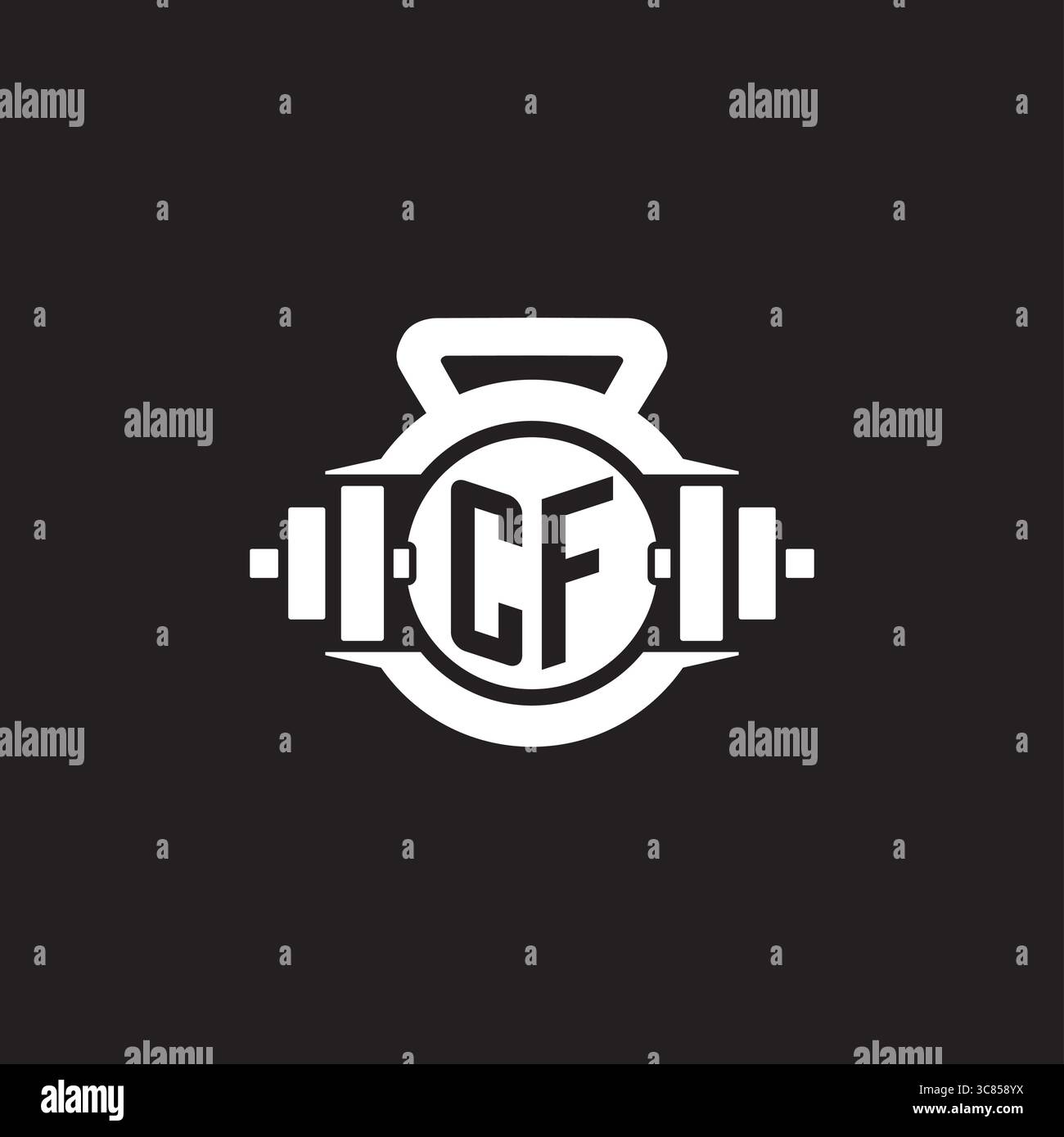 Initial CF logo design ideas with simple dumbbell and kettlebell icon vector graphic vector graphic Stock Vector