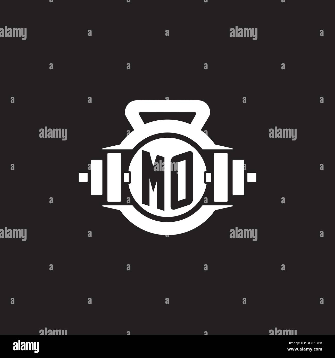 Initial MO logo design ideas with simple dumbbell and kettlebell icon vector graphic vector graphic Stock Vector