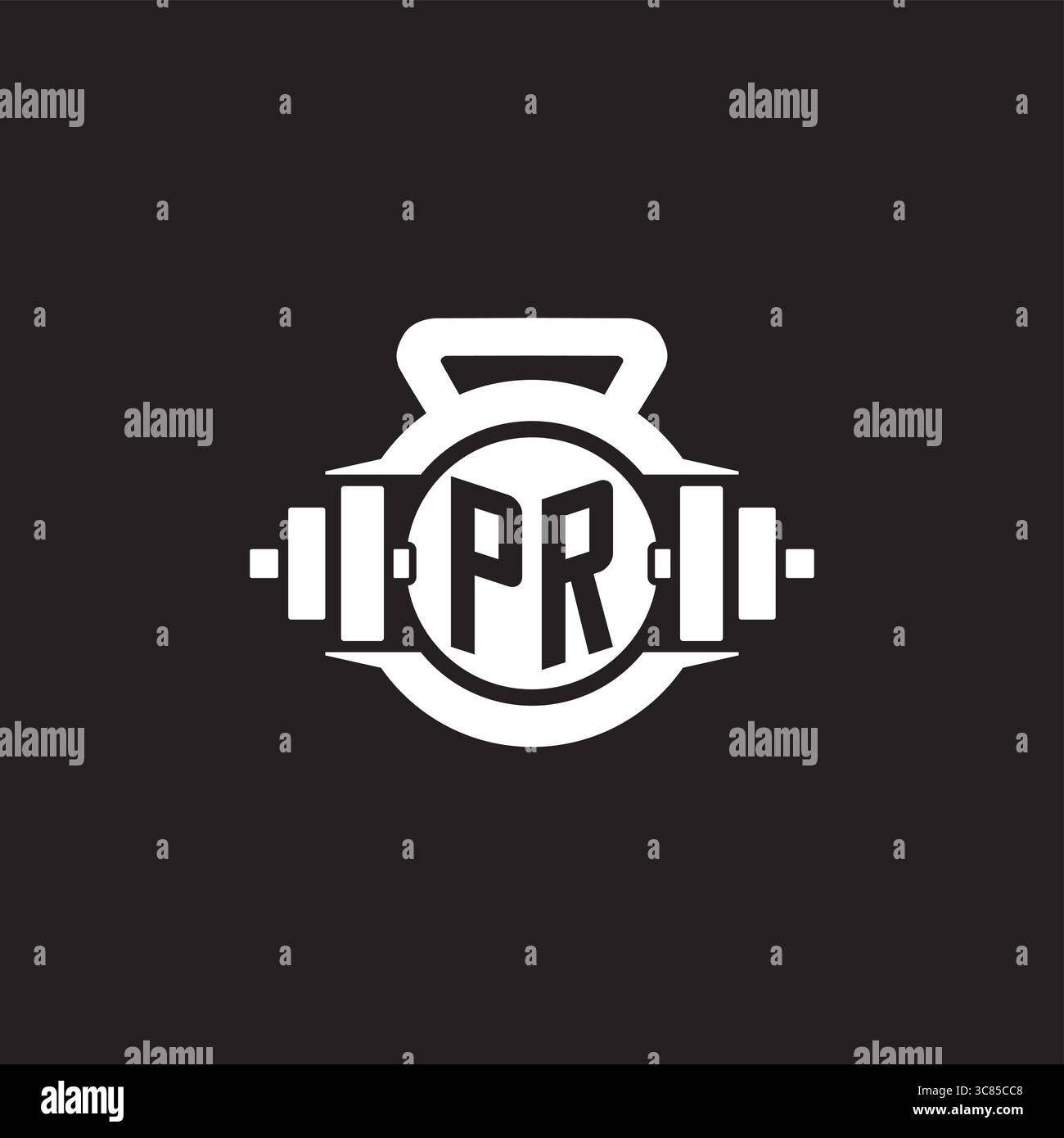 Initial PR logo design ideas with simple dumbbell and kettlebell icon vector graphic vector graphic Stock Vector