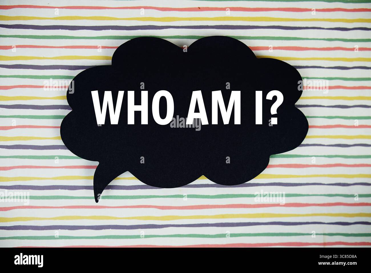 Who Am I? text with speech bubble top view on colorful stripes background Stock Photo