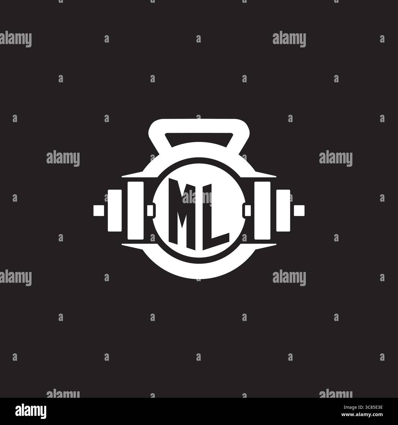 Initial ML logo design ideas with simple dumbbell and kettlebell icon vector graphic vector graphic Stock Vector