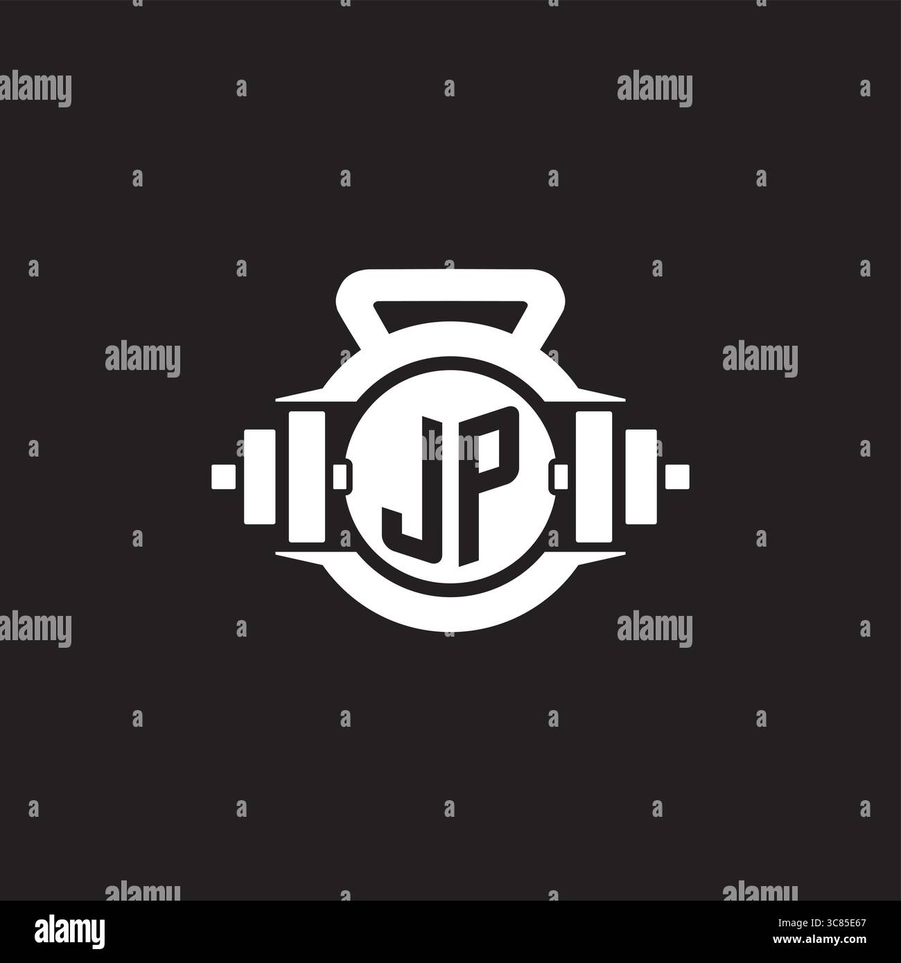 Initial JP logo design ideas with simple dumbbell and kettlebell icon vector graphic vector graphic Stock Vector