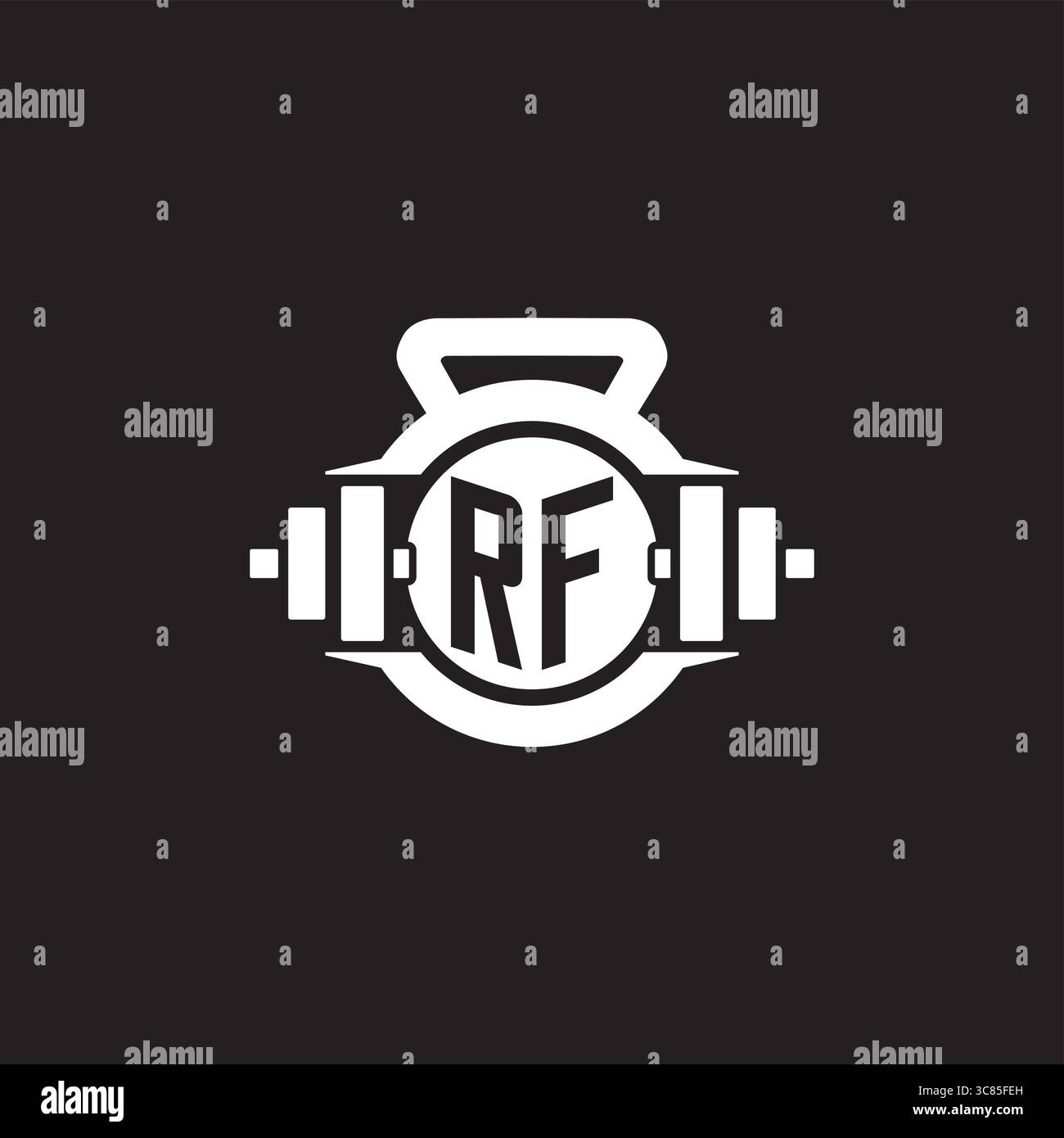 Initial RF logo design ideas with simple dumbbell and kettlebell icon vector graphic vector graphic Stock Vector