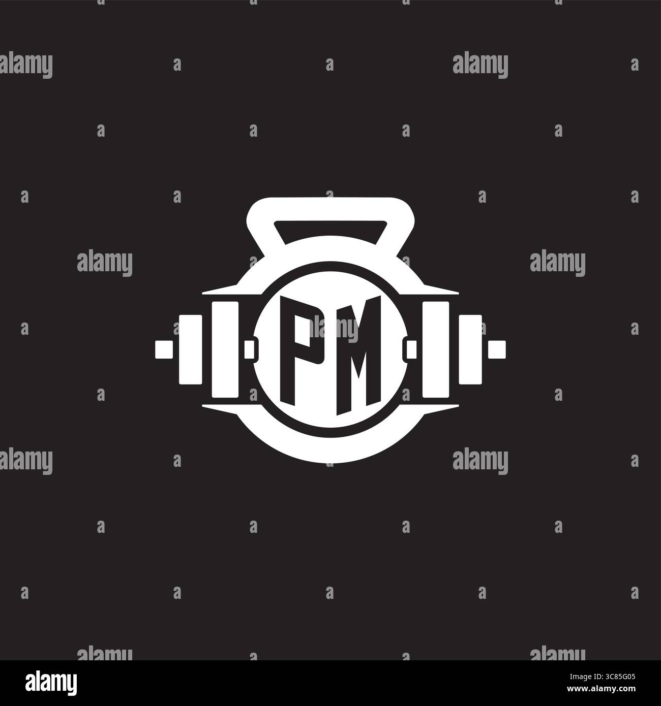Initial PM logo design ideas with simple dumbbell and kettlebell icon vector graphic vector graphic Stock Vector