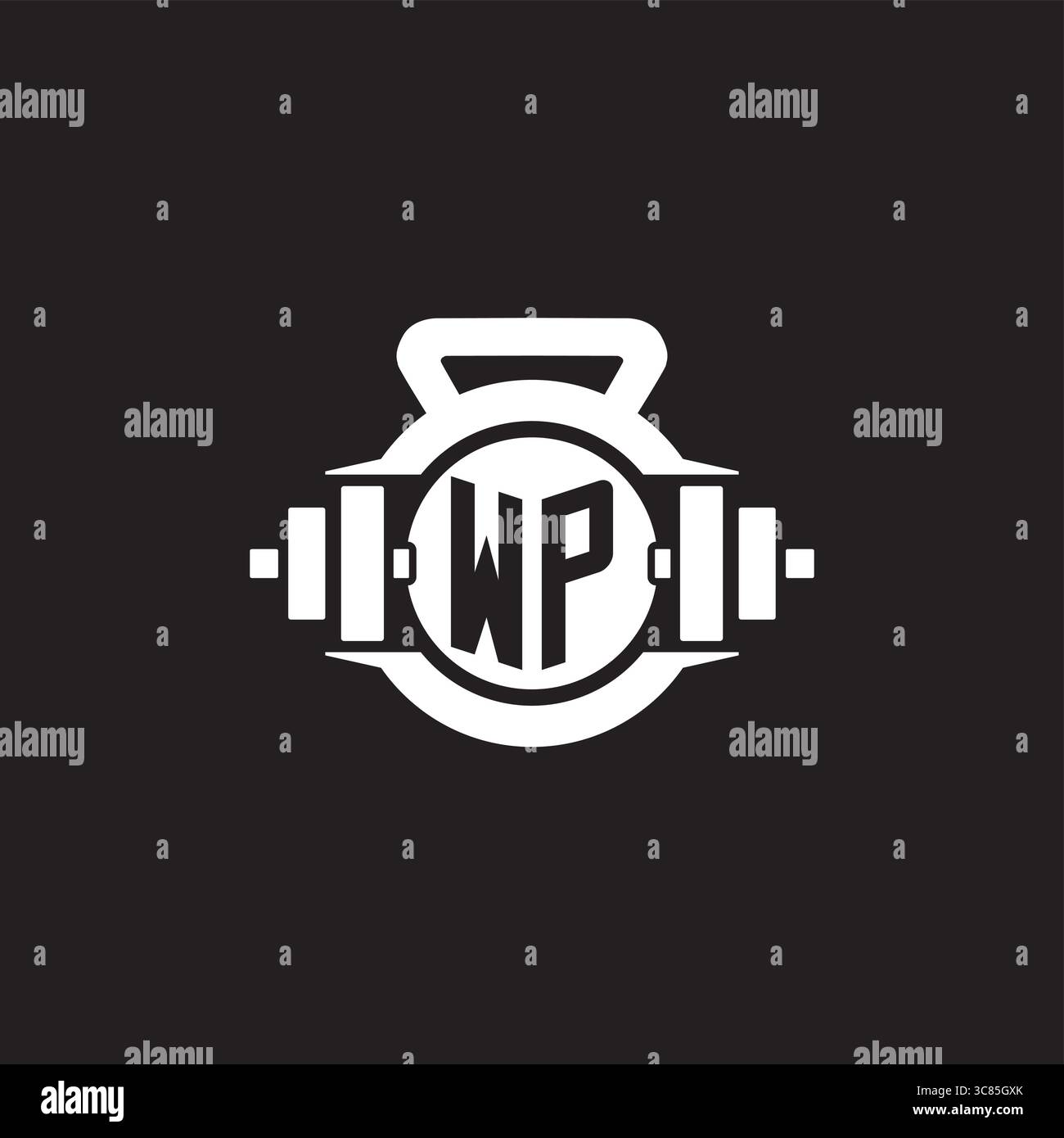 Initial WP logo design ideas with simple dumbbell and kettlebell icon vector graphic vector graphic Stock Vector