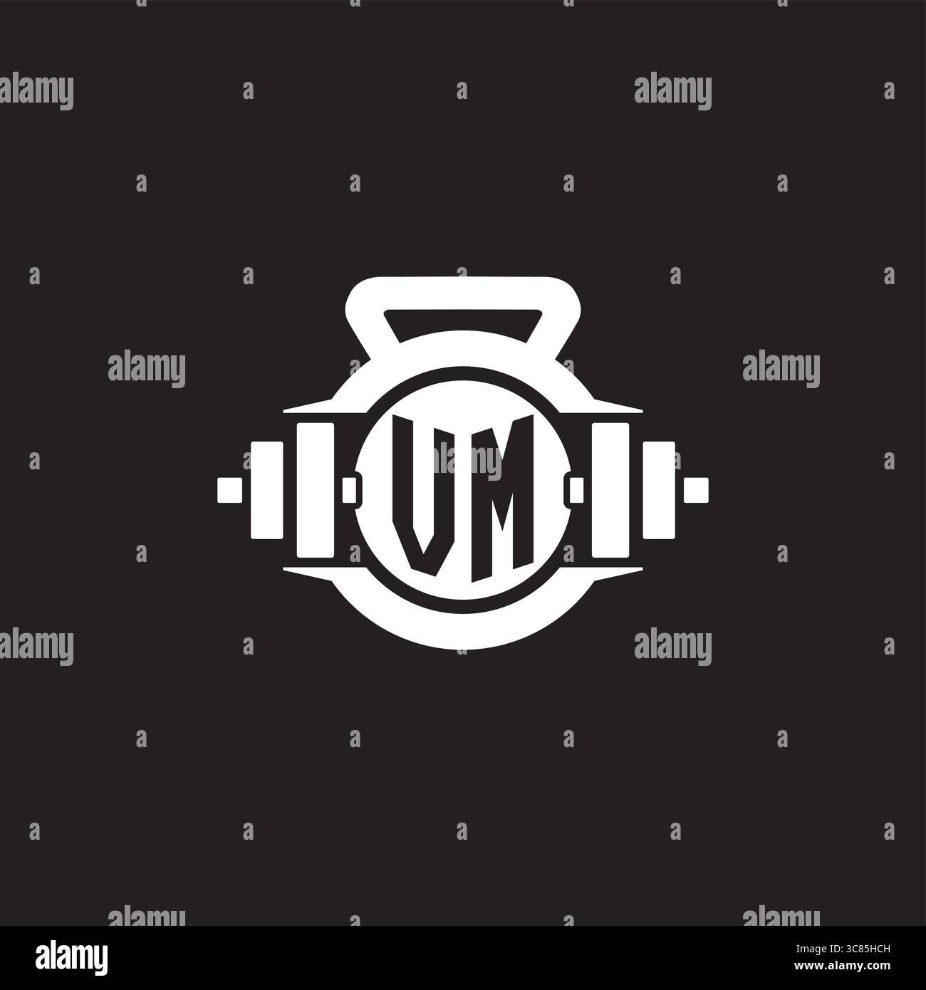 Initial VM logo design ideas with simple dumbbell and kettlebell icon vector graphic vector graphic Stock Vector