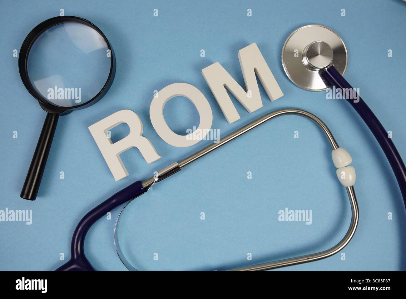 ROM abbreviation of Range Of Motion alphabet letters with magnifying ...