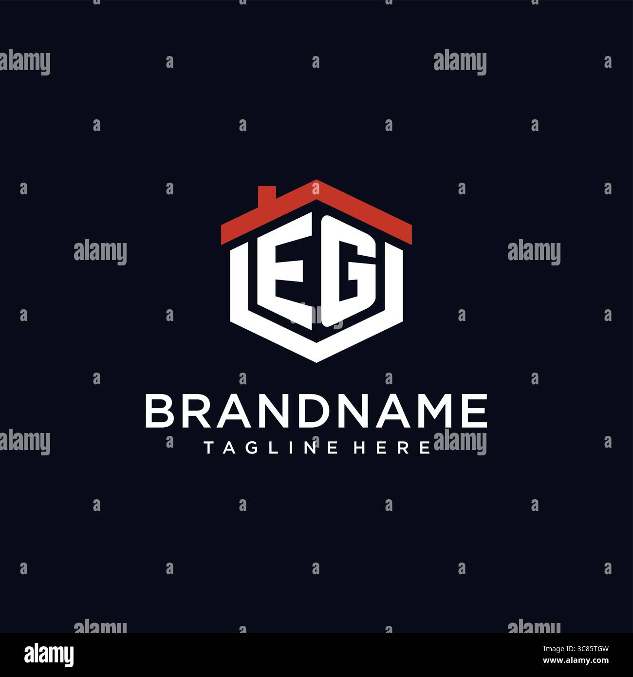 Initial letter EG logo with home roof hexagon shape design ideas vector ...
