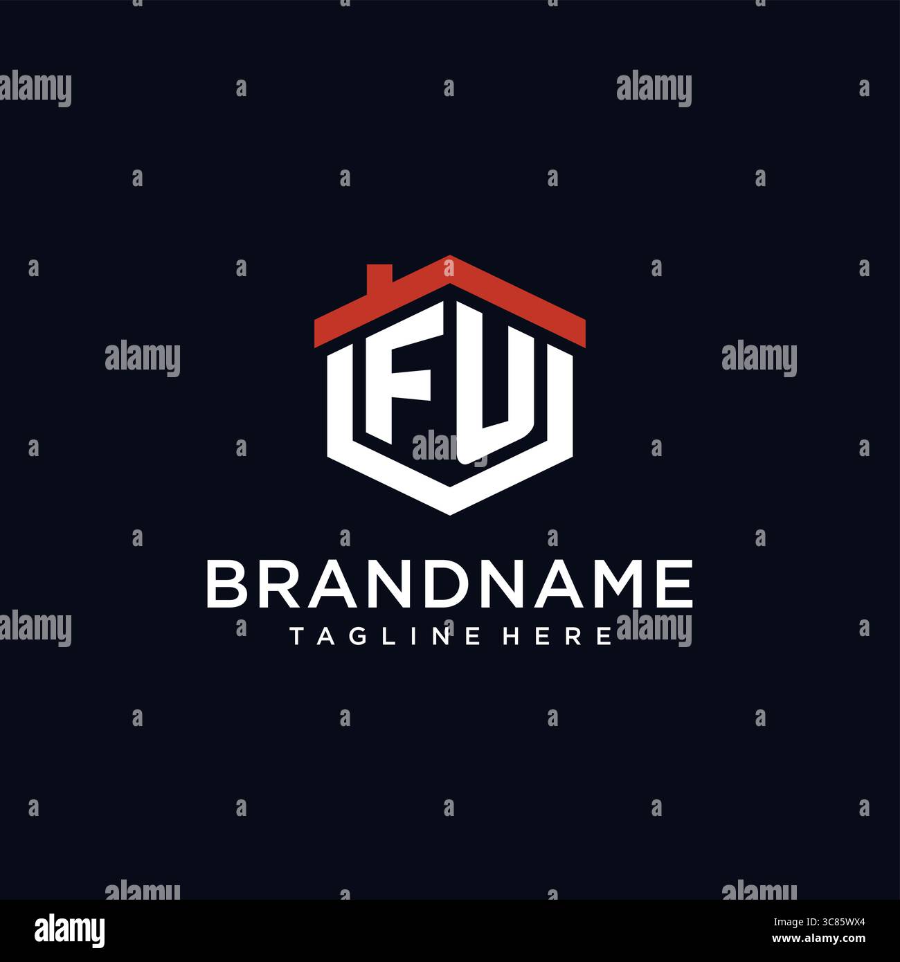 Initial letter FU logo with home roof hexagon shape design ideas vector ...