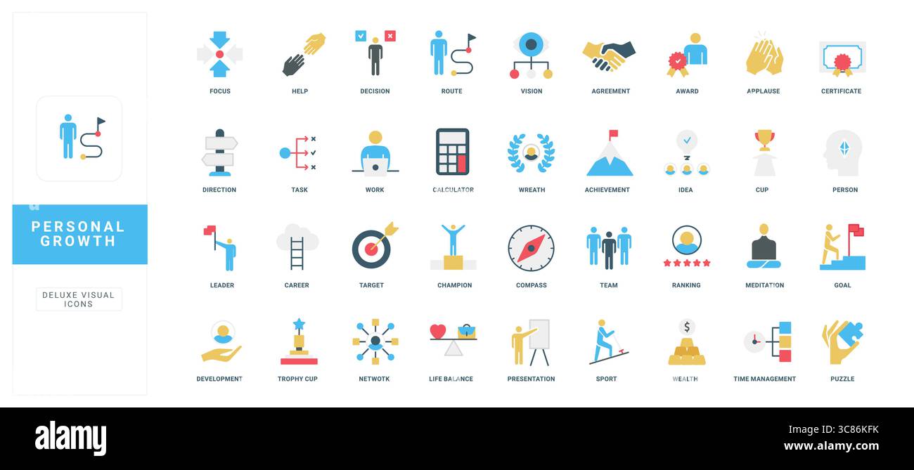 Collection of flat style icons representing personal growth ...