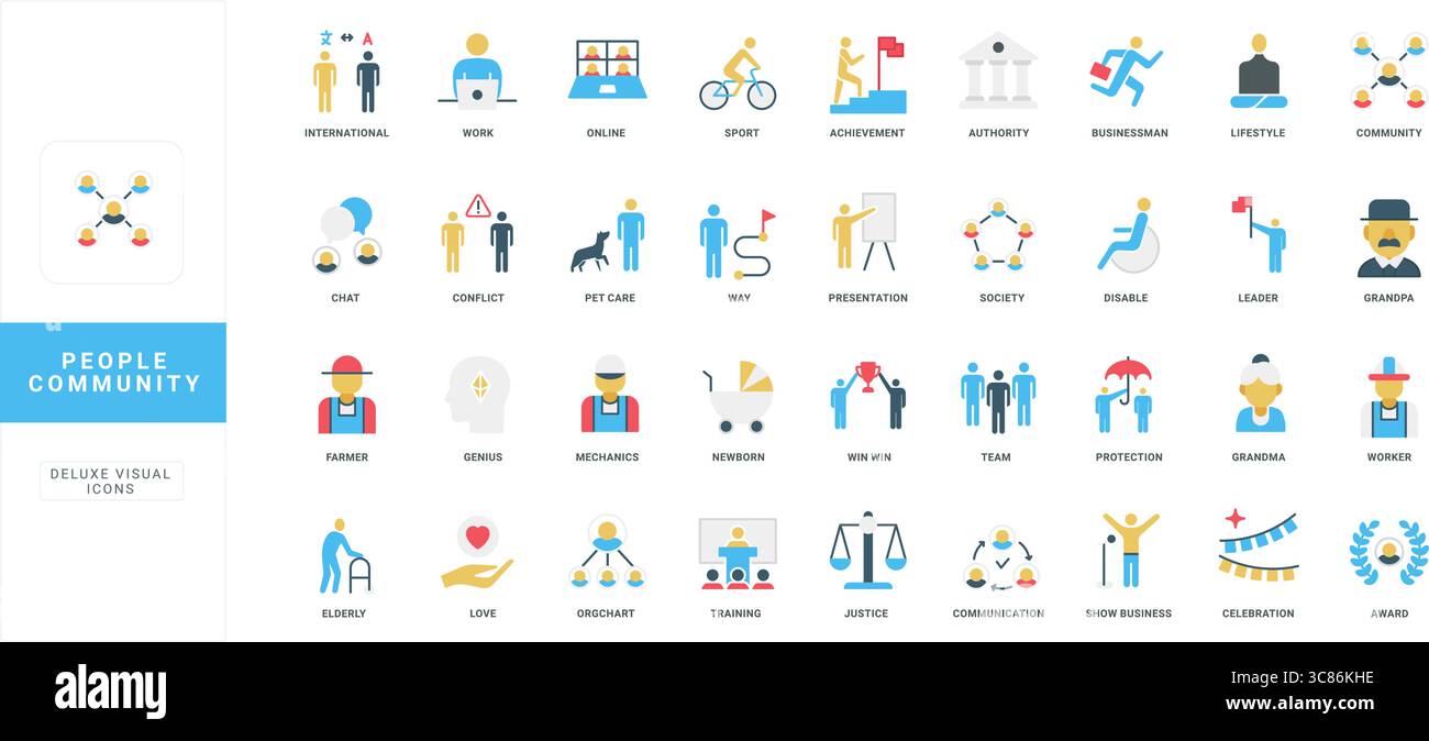 Diverse flat style people community icons with labeled roles and ...