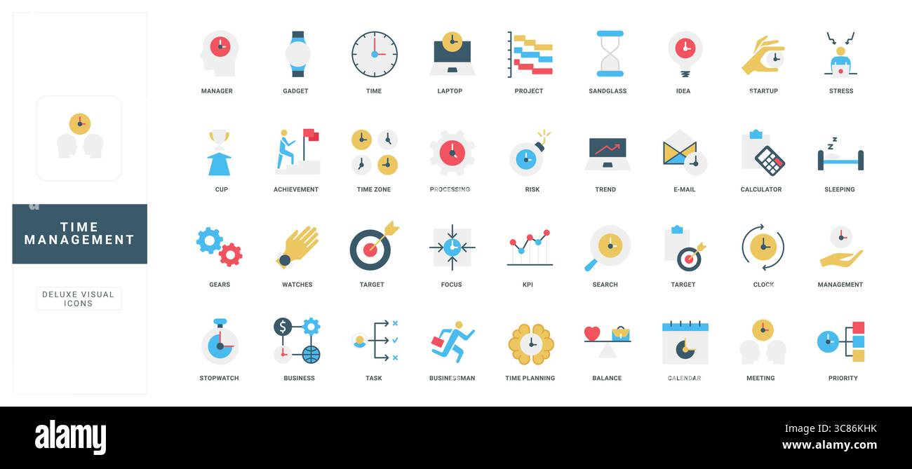Collection of flat style time management icons showing productivity ...