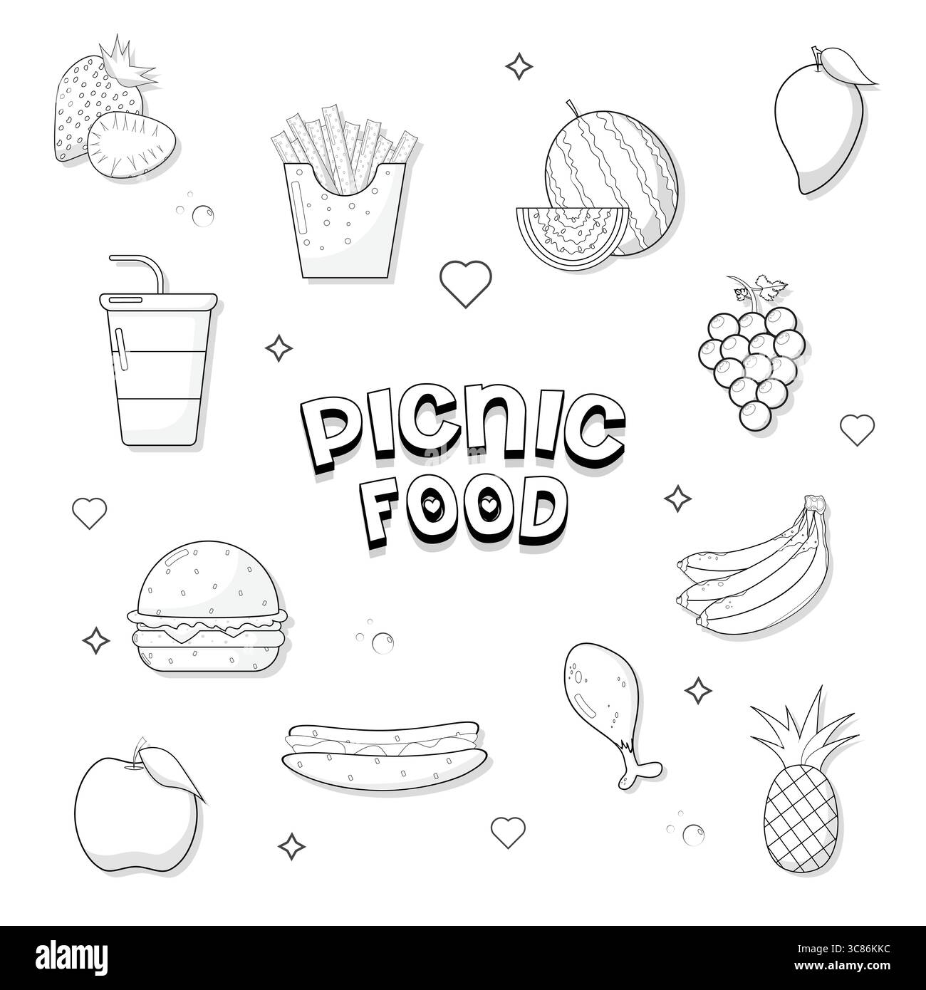 Set of fast food, colour less fast food, stickers, colouring page for ...