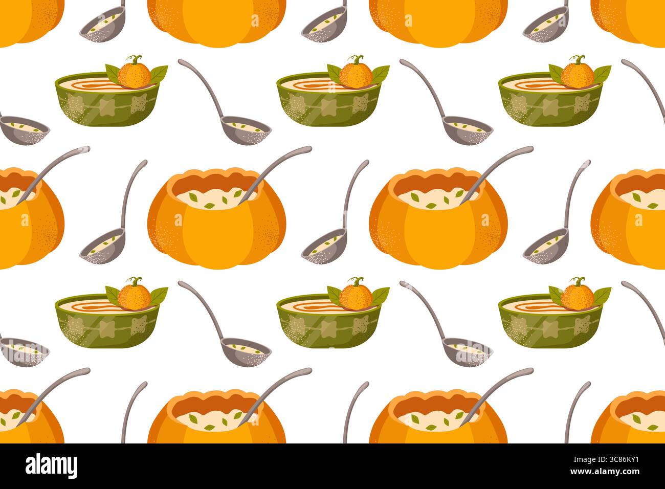 Seamless pattern pumpkin cream soup. Hand drawn soup bowl, spoon, pumpkin. Festive dinner illustration suitable for menu design, cards, invitations, f Stock Vector