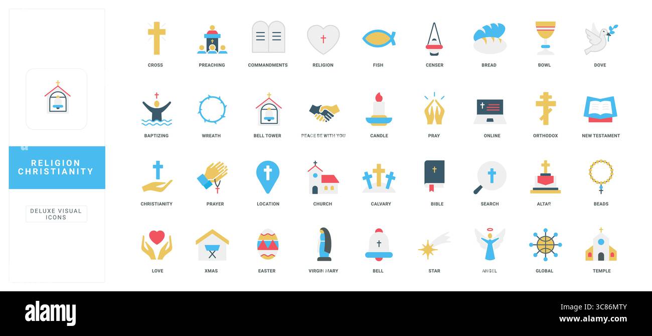 Modern flat style icons representing Christianity symbols, rituals ...