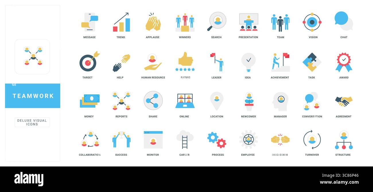 Flat style teamwork and business icons set with titles covering ...