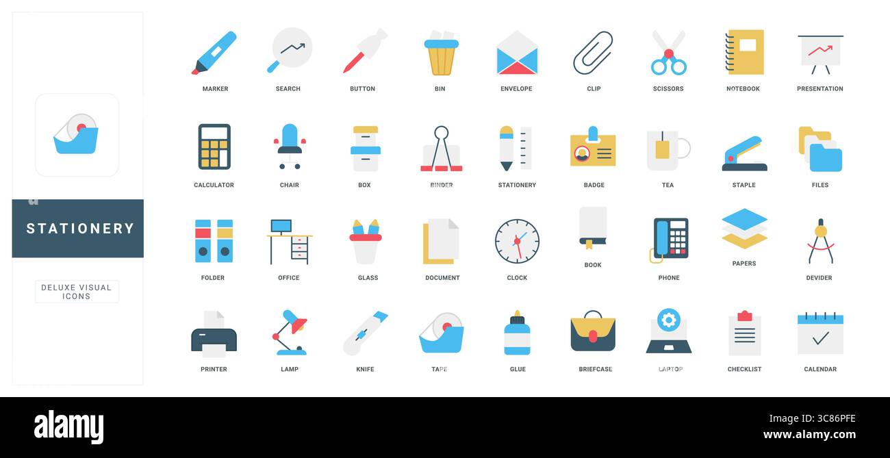 Colorful flat style stationery icons including office supplies, writing ...