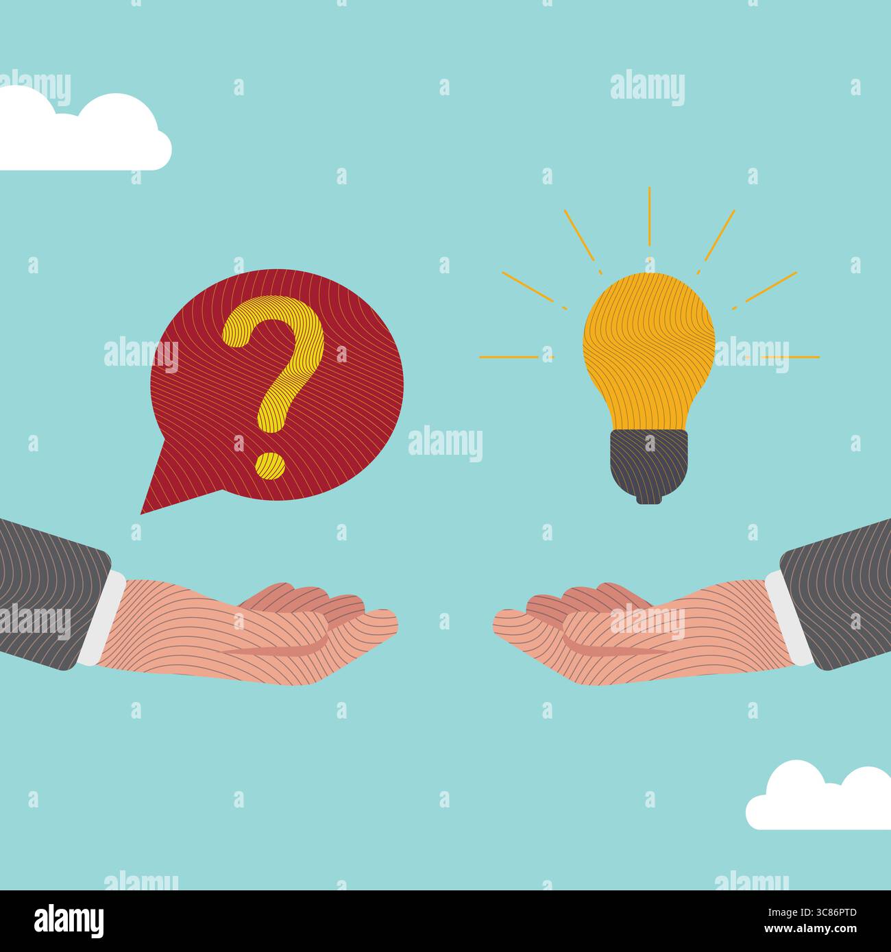 Question and answer, businessman hand holding question mark with other reply with lightbulb. solving problem or business solution Stock Vector