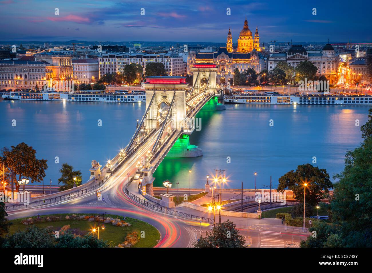 Budapest, Hungary. Cityscape image of Budapest, capital city of Hungary with Szechenyi Chain Bridge at sunset. Stock Photo