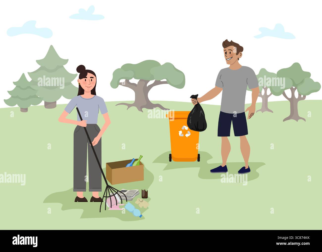 Two volunteers are cleaning a park, collecting trash with a rake and putting it into a recycling bin, promoting environmental sustainability and commu Stock Vector