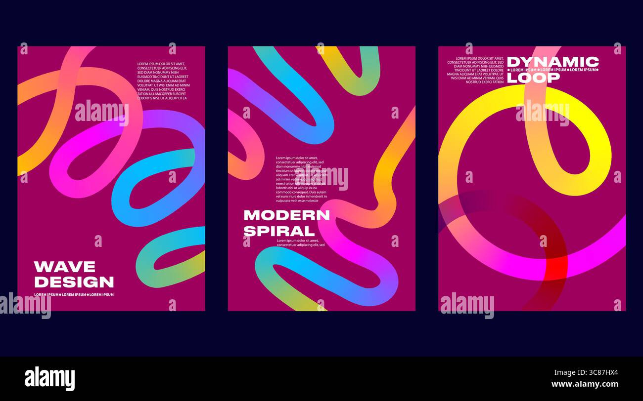 Gradient line posters with abstract backgrounds and colorful patterns create vibrant designs. Vector graphic elements and wave shapes blend by using Stock Vector