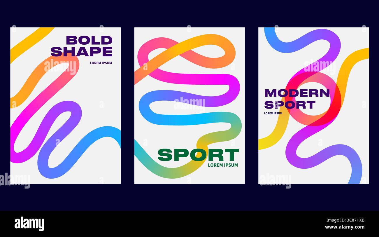 Gradient line posters with abstract backgrounds and colorful patterns create vibrant designs. Vector graphic elements and wave shapes blend by using Stock Vector