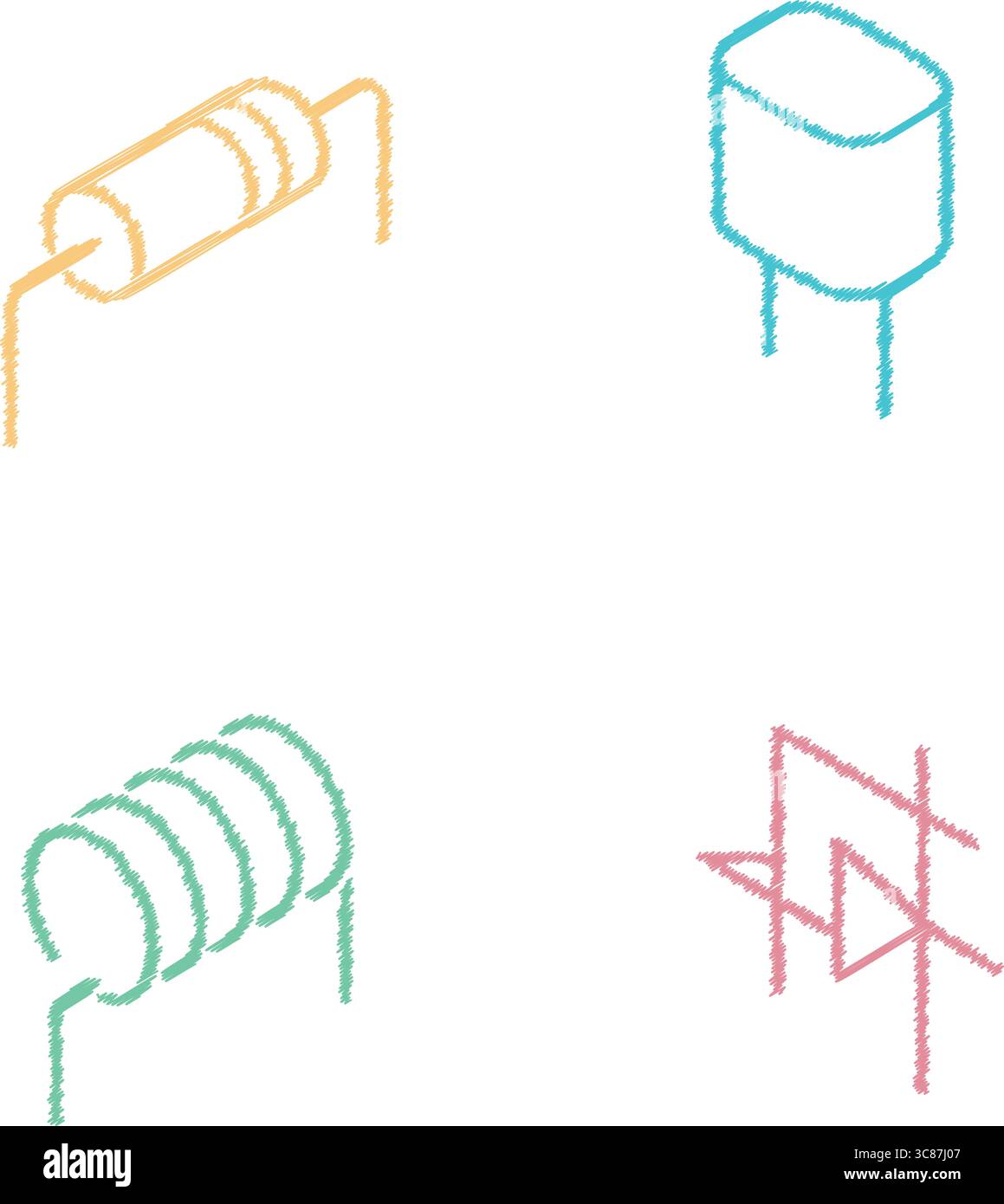 A pastel line art collection of industrial components including a hinge ...
