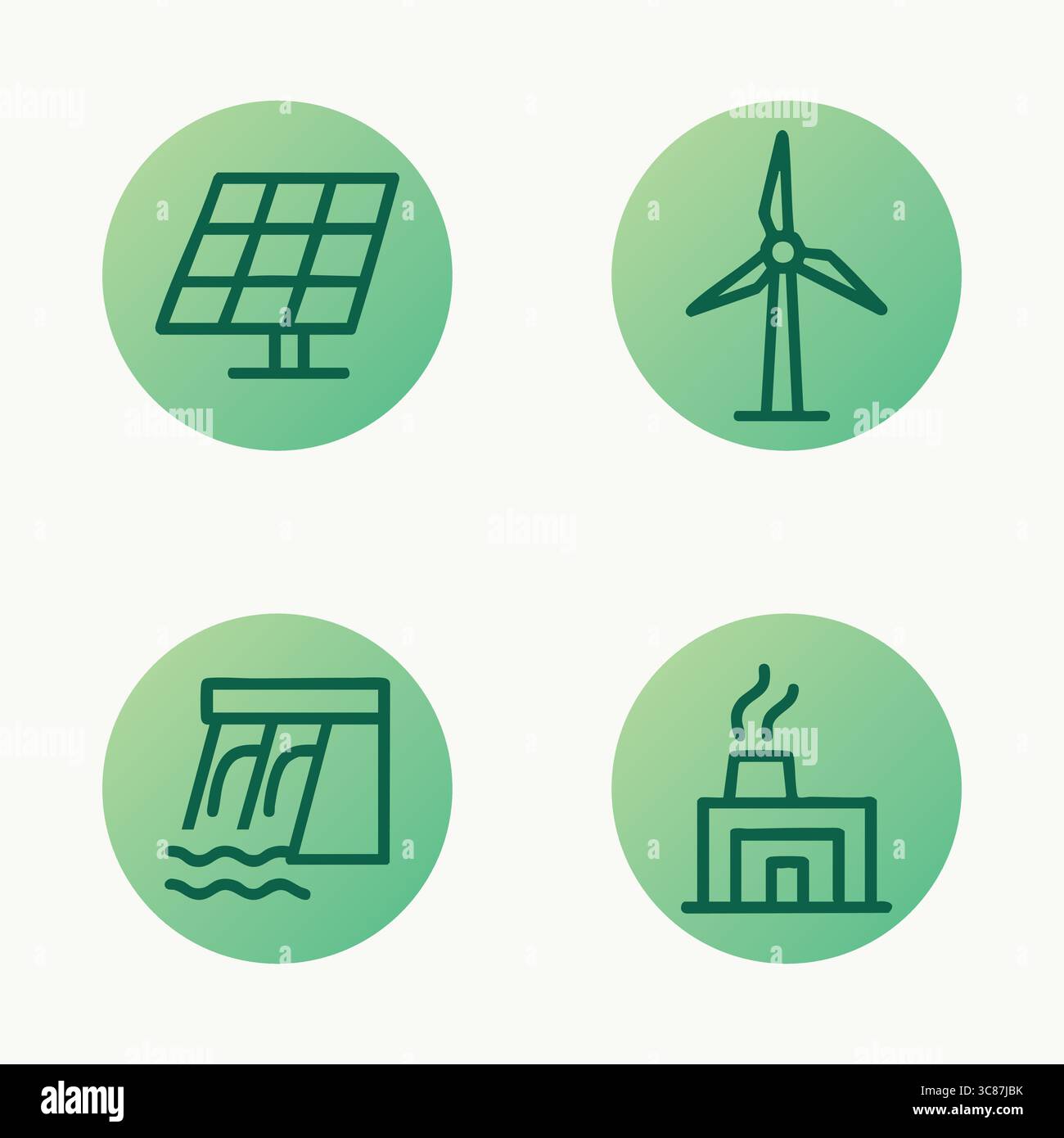 Set of six round green icons depicting solar panel, wind turbine ...