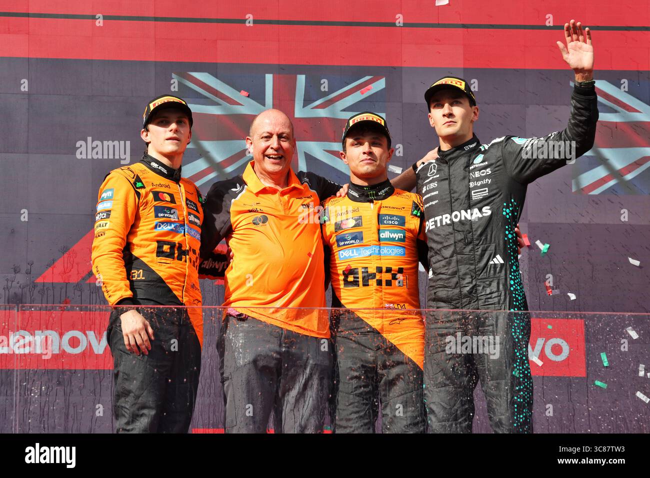 The podium (L to R): Oscar Piastri (AUS) McLaren, second; Mark Ingham ...