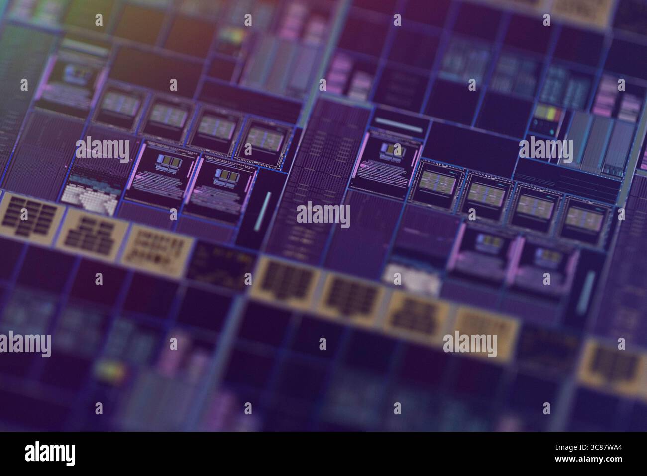 Macro view of semiconductor wafer showing integrated circuit chip ...