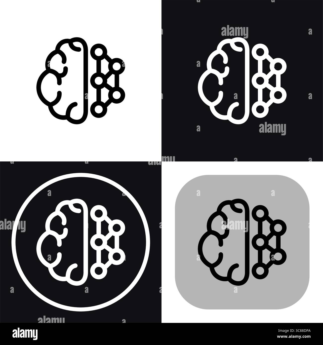 This versatile icon set depicts a brain connected to a network, symbolizing artificial intelligence. Perfect for tech, AI, and machine learning projec Stock Vector