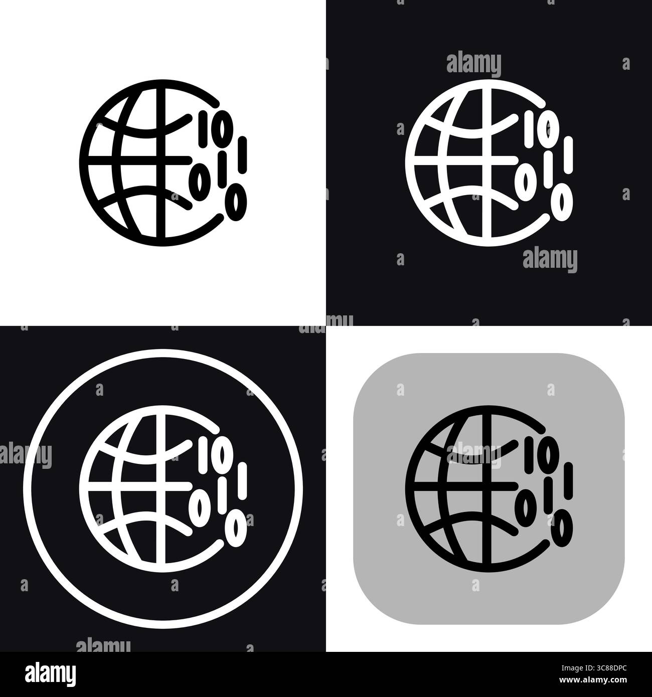 This versatile icon set depicts a globe with AI data streams, perfect for illustrating global AI networks and digital technologies. Ideal for websites Stock Vector